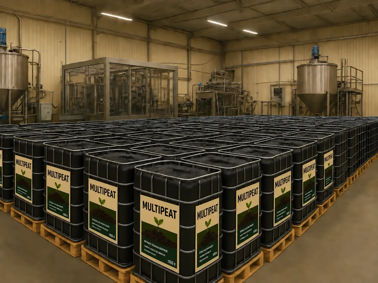 Pallets of black drums stacked in a warehouse