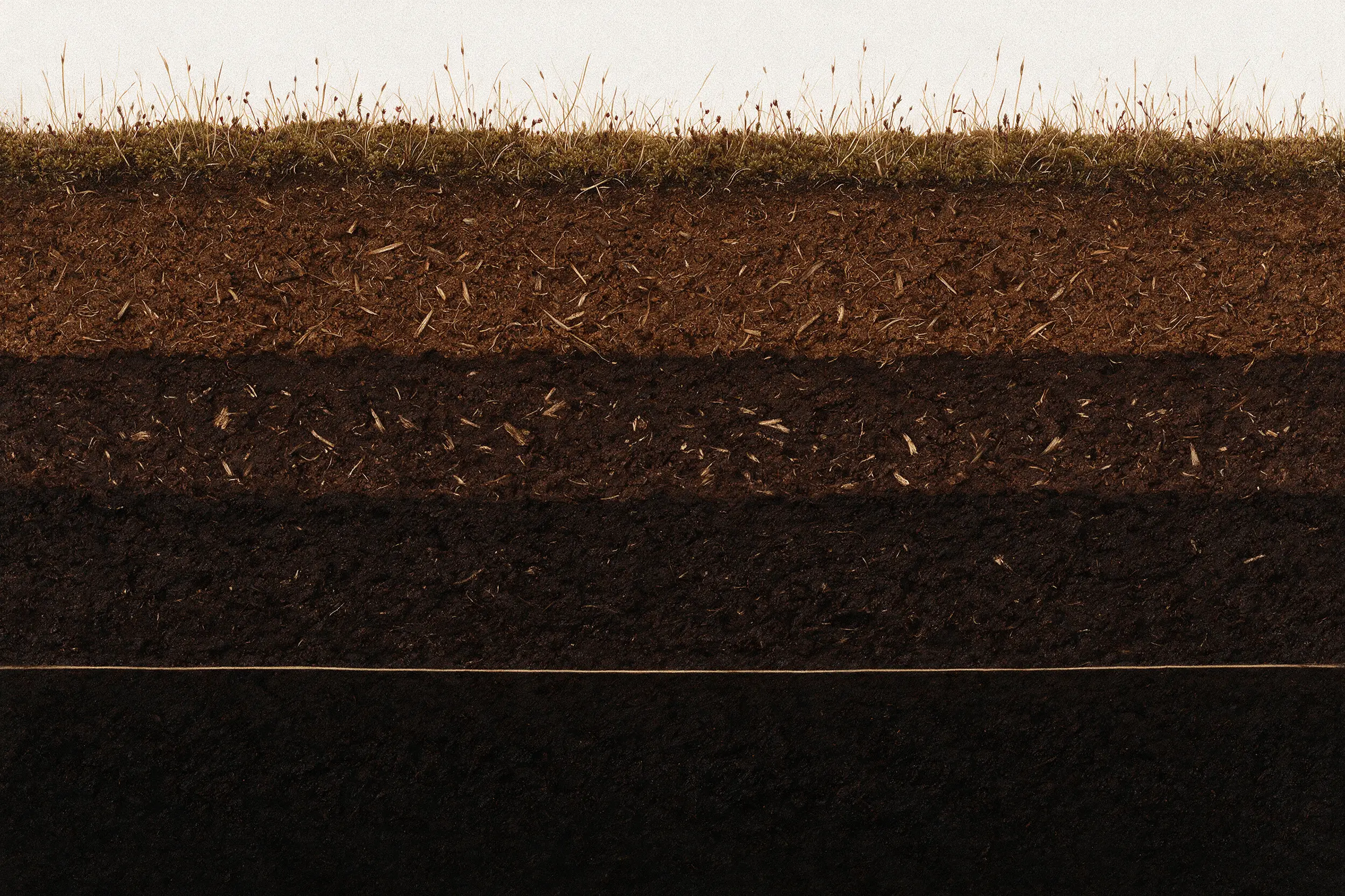 Cross-section of a low-lying peat bog: living moss and sedge at the surface, then layers of brown fibrous peat with plant fibre still visible, and waterlogged peat below