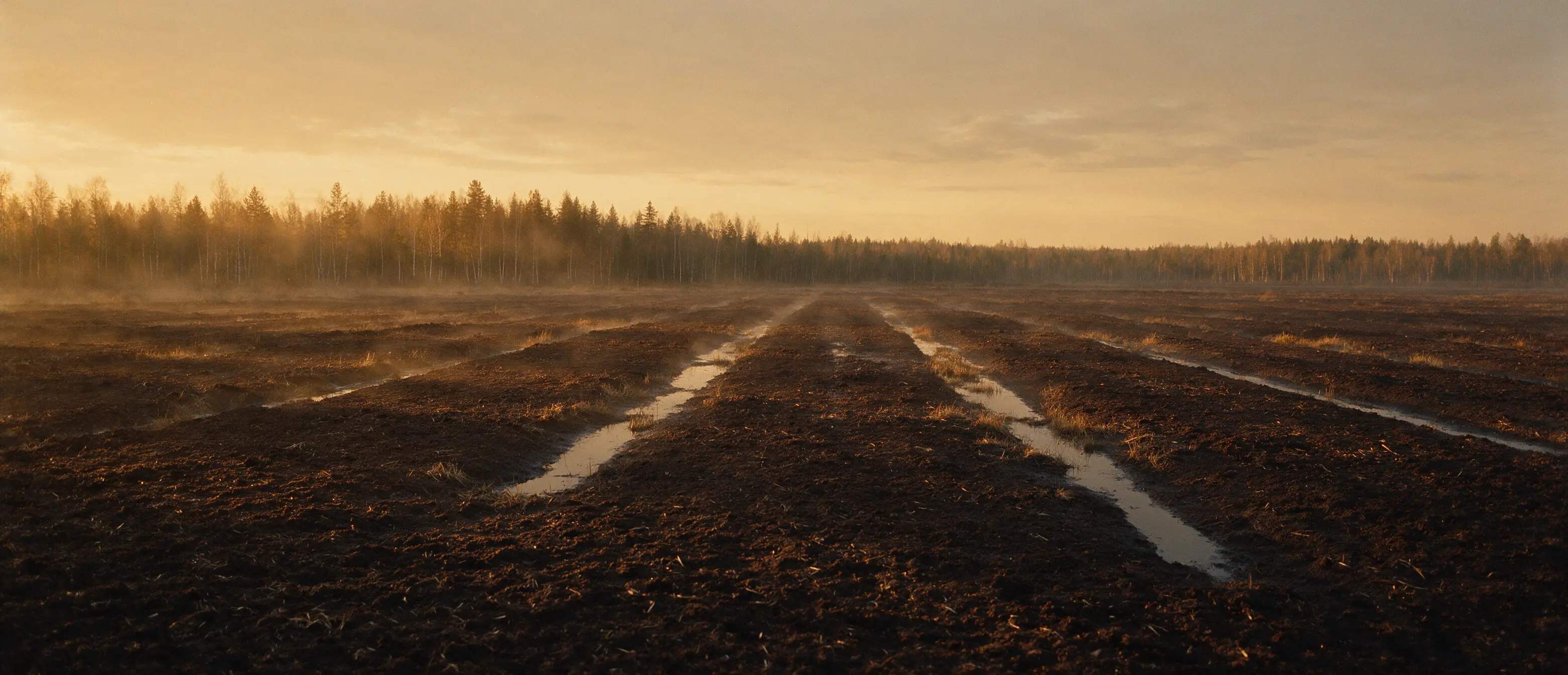 A worked peat field at dusk, a drainage cut running towards a distant treeline