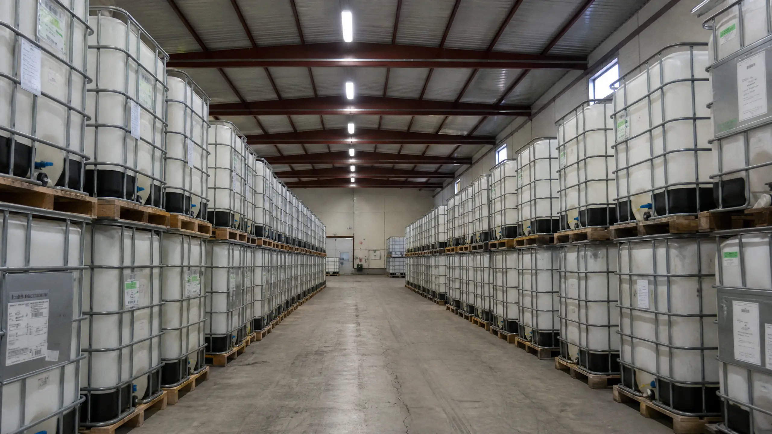 A warehouse aisle lined with palletised intermediate bulk containers
